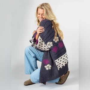 Natural Life Wool Blend Gray Pink Floral Calla Jacquard Cardigan Sweater